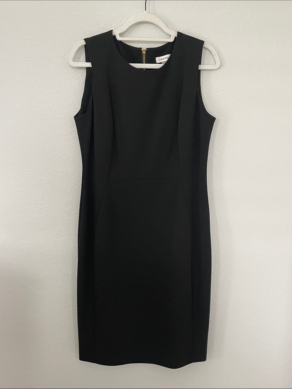 Calvin Klein Black Sheath Dress Gold Zip Back Sleeveless Size 12 LBD